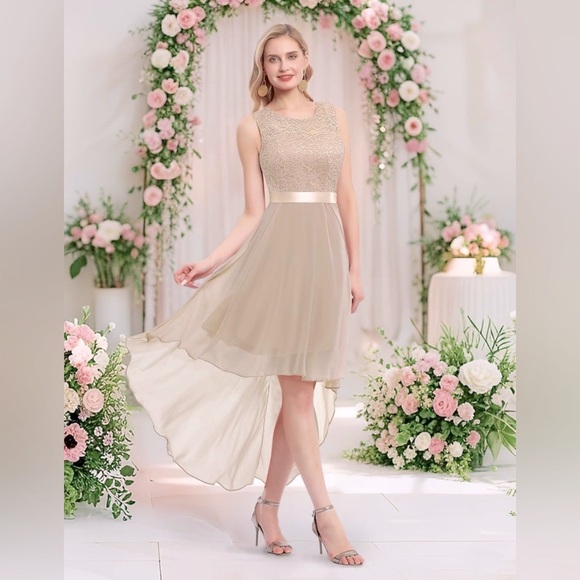 Elegant Tan Gold Sleeveless A-Line Dress - Picture 2 of 6